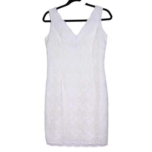 ANN TAYLOR Scalloped Lace V-Neck Knee-Length Sheath Dress Ivory Women's 4 - Picture 1 of 12